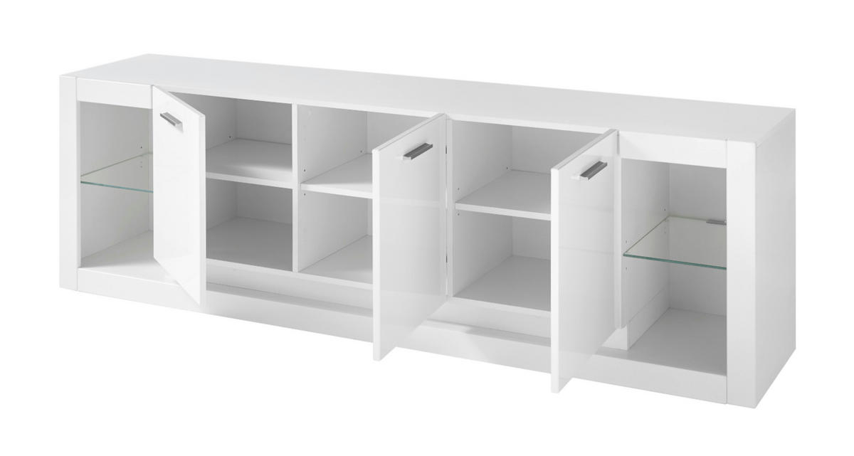 WOHNWAND 3-teilig weiß Hochglanz 298 cm, Schrankwand modernes Design - Weiß Hochglanz/Silberfarben, Glas/Holzwerkstoff (298/198/43cm) - Furn.Design
