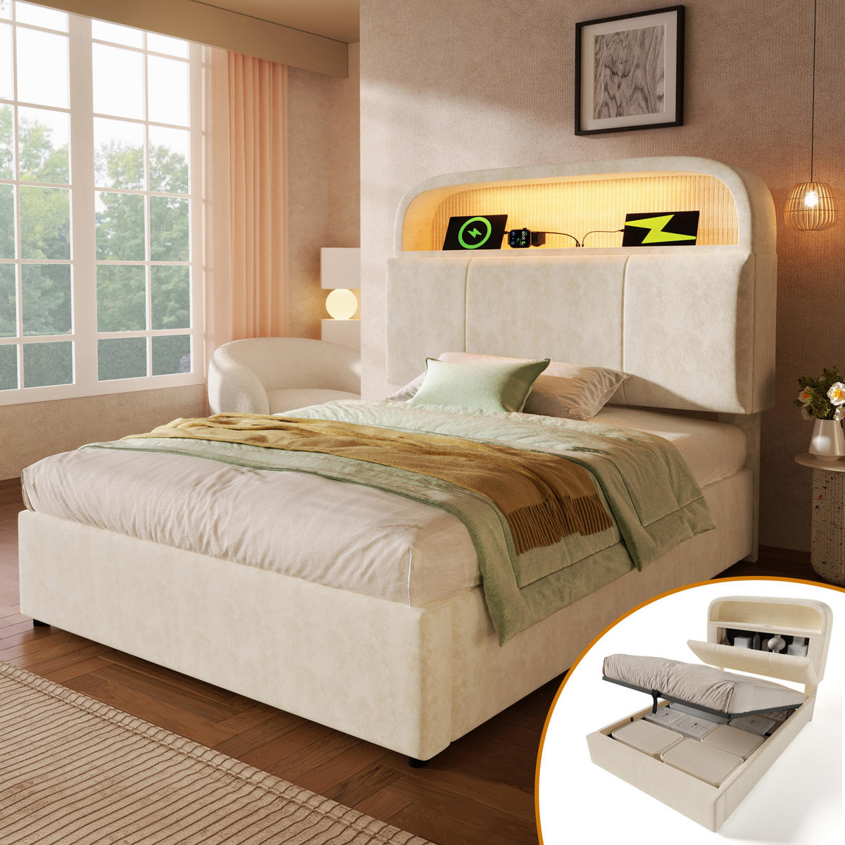 BETT mit Stauraum 90x200 cm Samt Beige inkl. Matratze - Beige, Metall (90/200cm) - Meubliv