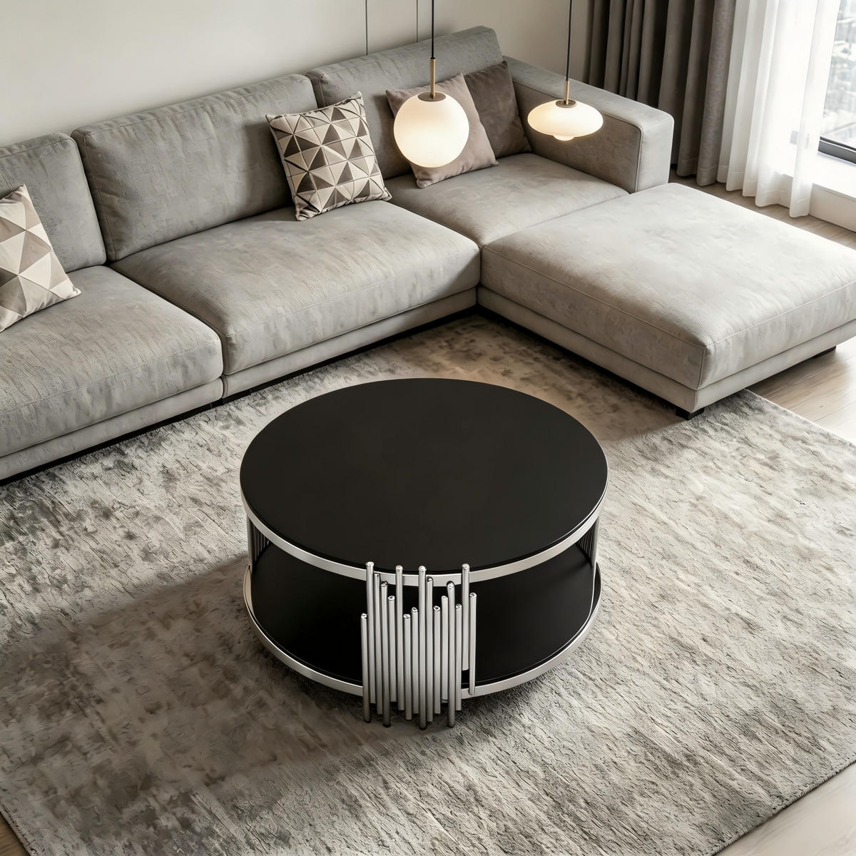 COUCHTISCH mit gehärteter Glasplatte 2 Ebenen Metallrahmen rund modern Standardgröße - Silberfarben/Schwarz, Glas/Holzwerkstoff (80/80/45cm) - EVRYAE