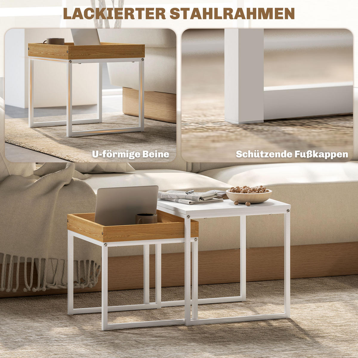 COUCHTISCH, 2er-Set, bis 30 kg Belastbar, Weiß+Eiche - Weiß, Metall (45/45/45cm) - HOMCOM