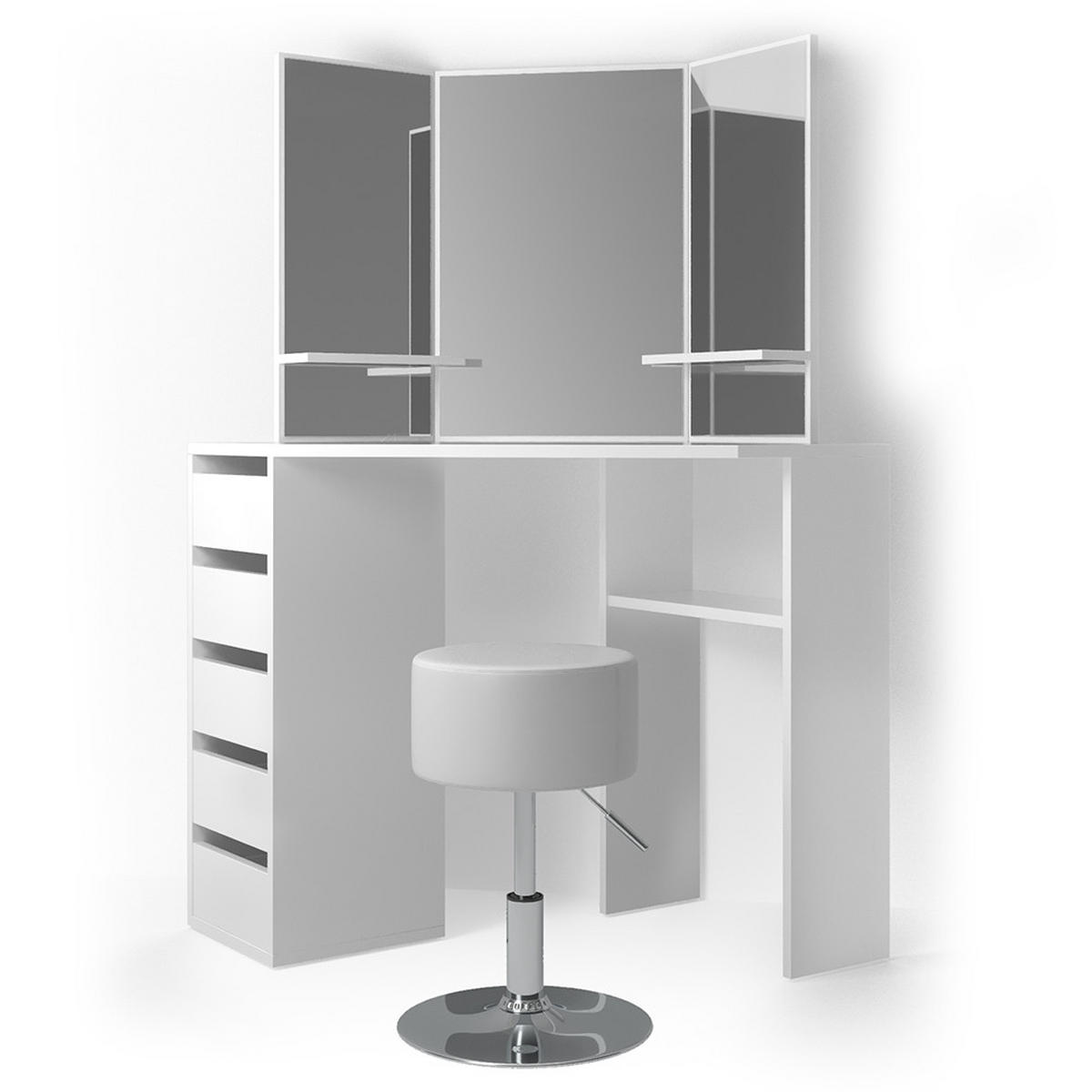 ECKSCHMINKTISCH Arielle Weiß 110 cm mit Hocker - Weiß, Holzwerkstoff (110/141.5/54cm) - Vicco