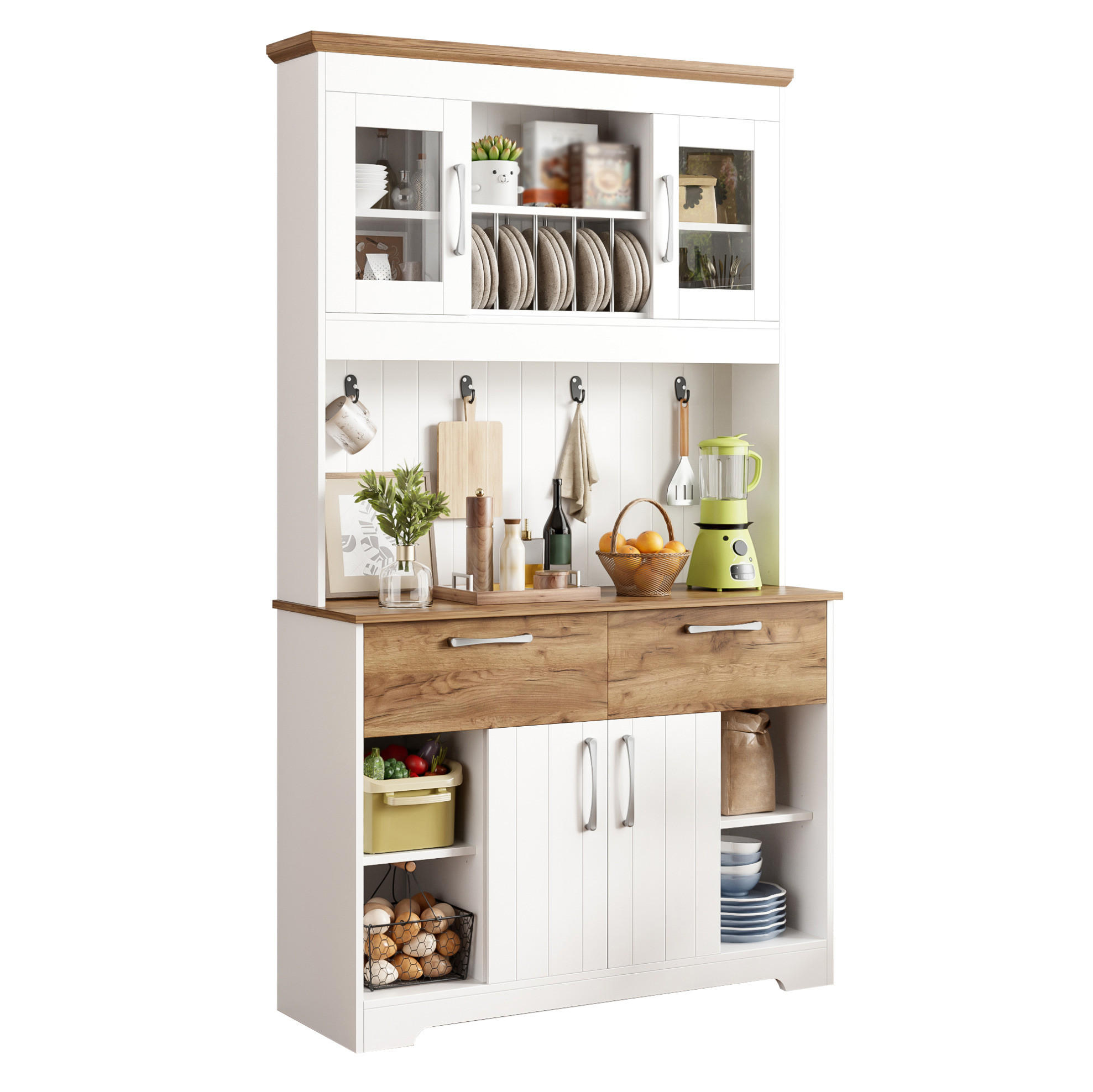 BUFFET 106/39/176,5 cm in Weiß/Natur mit Vitrinenfächern und Hakenleiste - Naturfarben, Holzwerkstoff (106/176.5/39cm) - Flora Grace