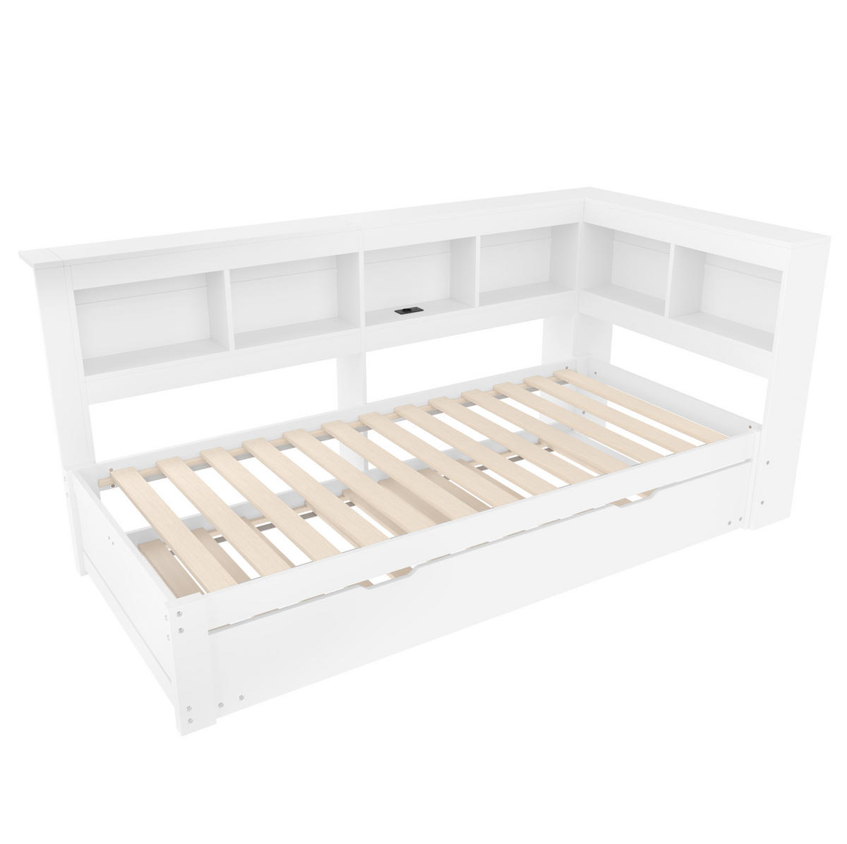 MULTIFUNKTIONSBETT 90/200 cm mit ausziehbarem Rollbett und 2 USB-Anschlüssen Weiß - Weiß, Holz (90/200cm) - OKWISH