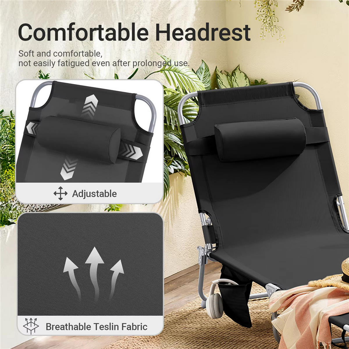 GARTENLIEGE 2ER SET Klappbar mit Kopfkissen - Schwarz, Metall (56/81/155cm) - Coonoor