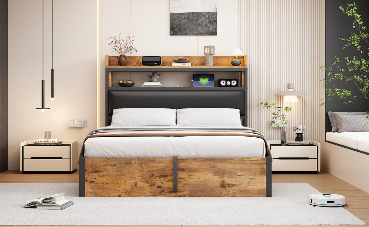 POLSTERBETT 140x200 cm mit USB, Stauraum, Lattenrost, Schwarz - Schwarz, Holz (140/200cm)