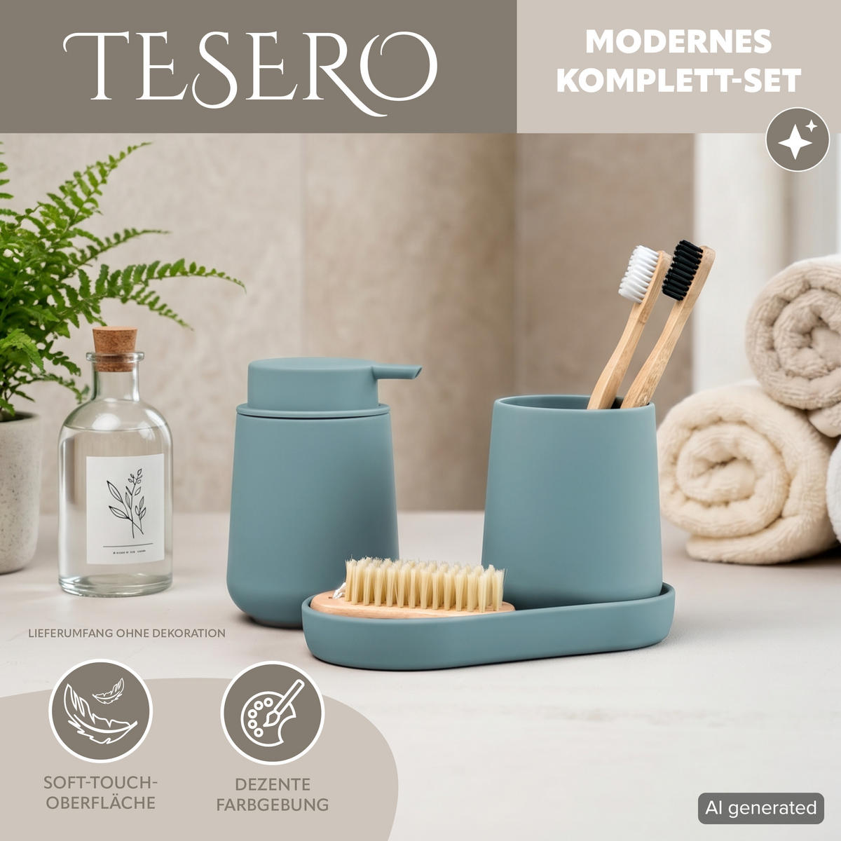 BAD-ACCESSOIRES-SET TESERO, Soft-Touch, hellblau - Hellblau, Kunststoff (8.5/12/9cm) - eluno