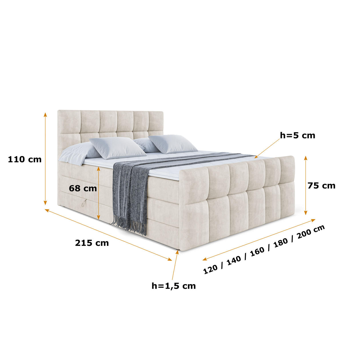 BOXSPRINGBETT RICAR-Z KING - 120 x 200 - H3/H4 - Ecru - Ecru, Holzwerkstoff (120/200cm) - ALTDECOR
