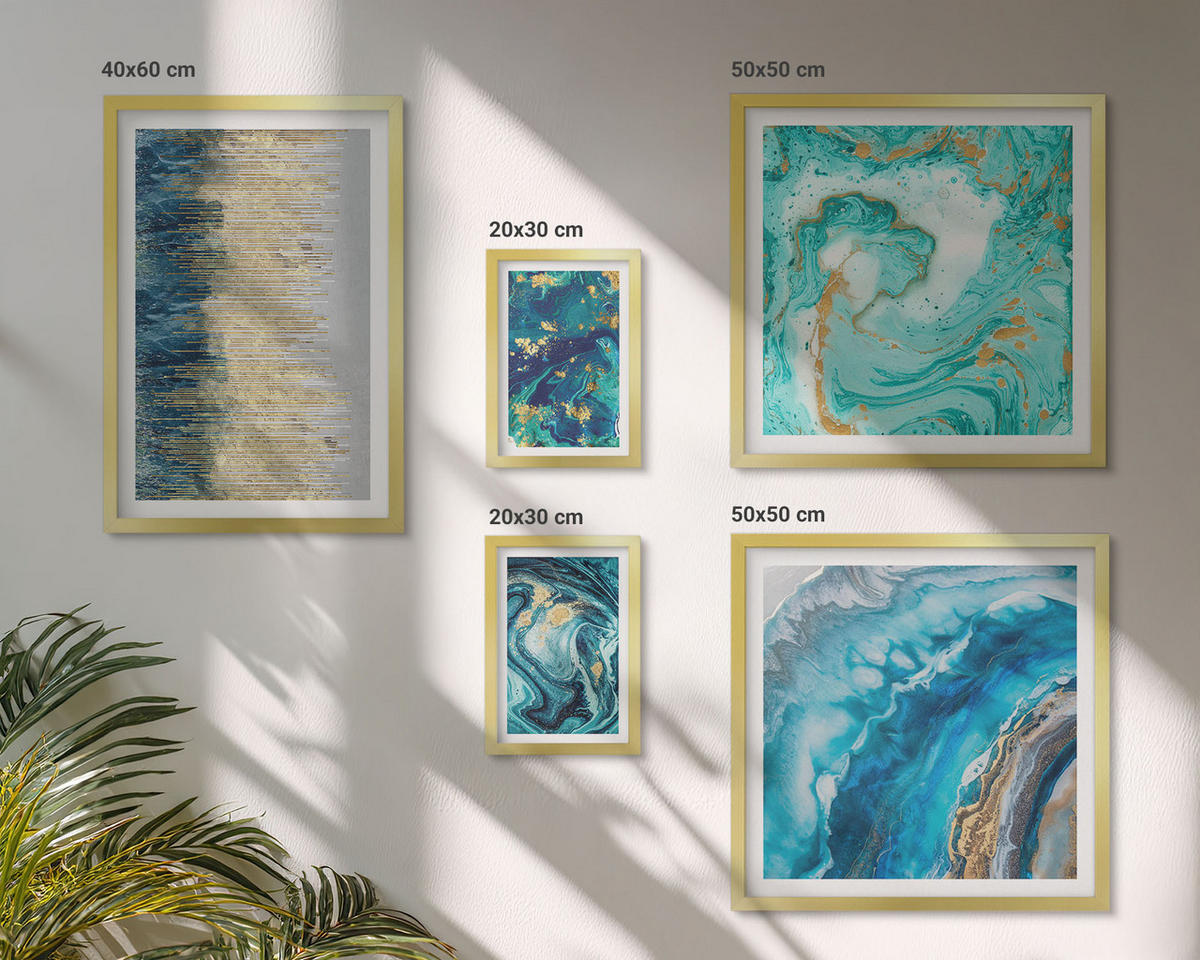 WANDBILDER 5er Set - 50x50 cm & 20x30 cm & 40x60 cm Goldrahmen - Wilde Landschaften, Berge, Hirsche - Goldfarben, Kunststoff (40/60cm) - ArtPrintCave