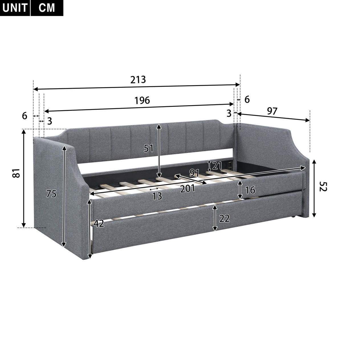 KREVET 90/200 cm s pomoćnim krevetom, prostor-štedeći dizajn i prošiveni detalji, Siva - siva, drvni materijal (90/200cm) - Redom