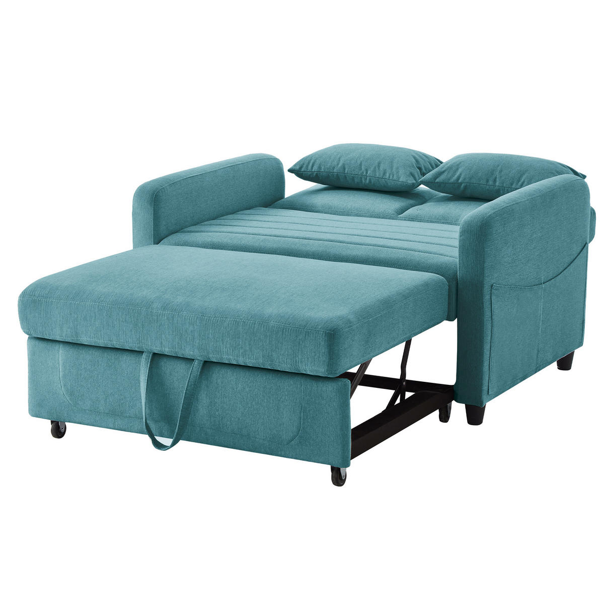 SCHLAFSOFA aus Baumwoll-Leinen-Stoff 166x95 cm Antik Blaugrün mit Ausziehfunktion, 3-fach verstellbarer Rückenlehne und 2 Kissen - Petrol, Kunststoff (114/82.5/77cm) - Modfu