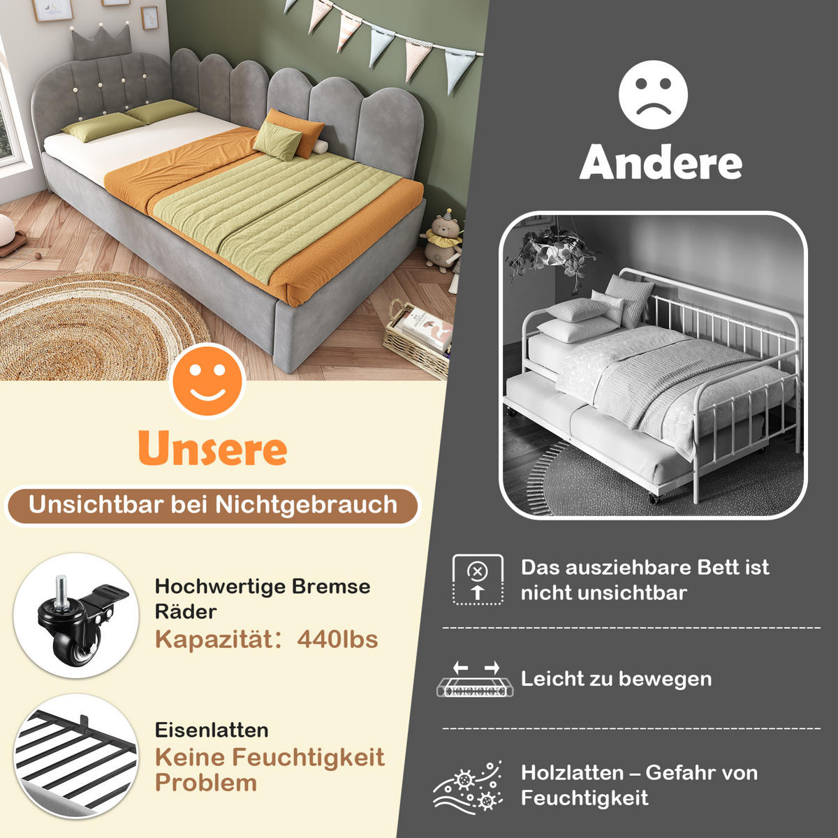 POLSTERBETT 90/200 cm Grau aus Samt mit Ausziehbett - Grau, Textil (90/200cm) - OKMYHOME