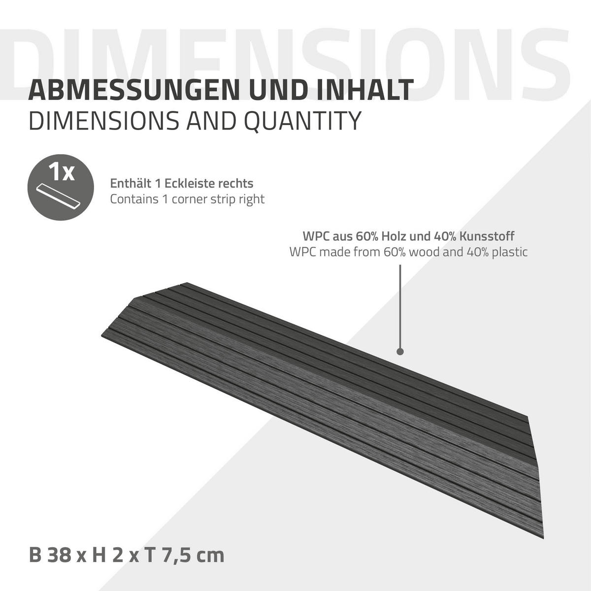 ZÁVĚROVÁ LIŠTA WPC pravý roh antracit - antracitová, kompozitní dřevo (38/2/7.5cm) - ML-DESIGN