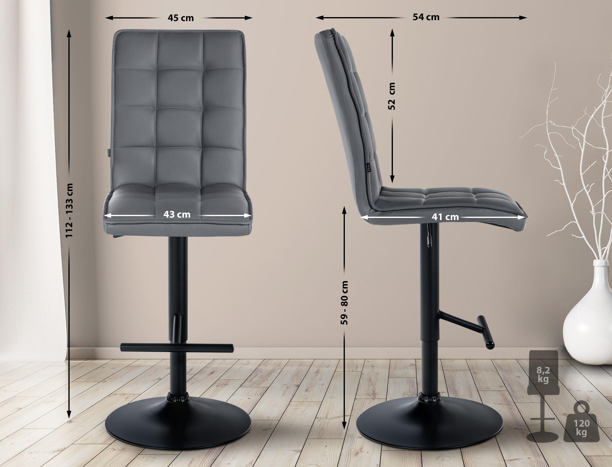 BARHOCKER Lederlook grau - Schwarz/Grau, Textil/Metall (45/112/54cm) - CLP