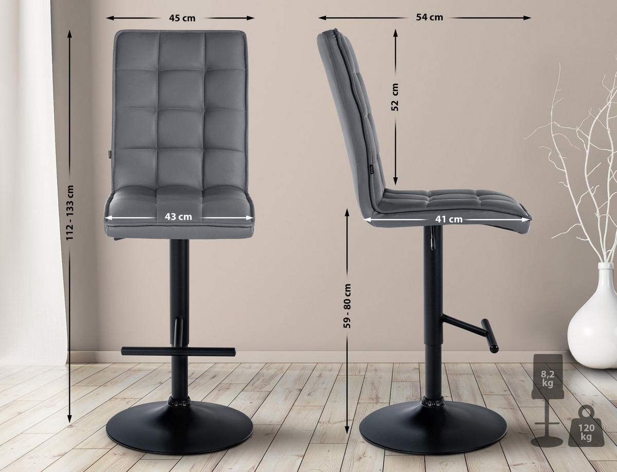 BARHOCKER Lederlook grau - Schwarz/Grau, Textil/Metall (45/112/54cm) - CLP