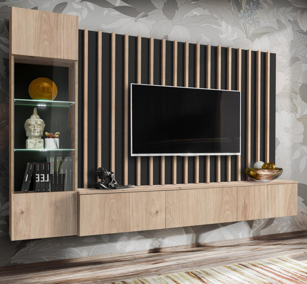 WOHNWAND schwarz, Eiche Jackson 220 cm, Schrankwand mit LED Beleuchtung - Eichefarben/Schwarz, Glas/Holzwerkstoff (220/148/35cm) - Furn.Design