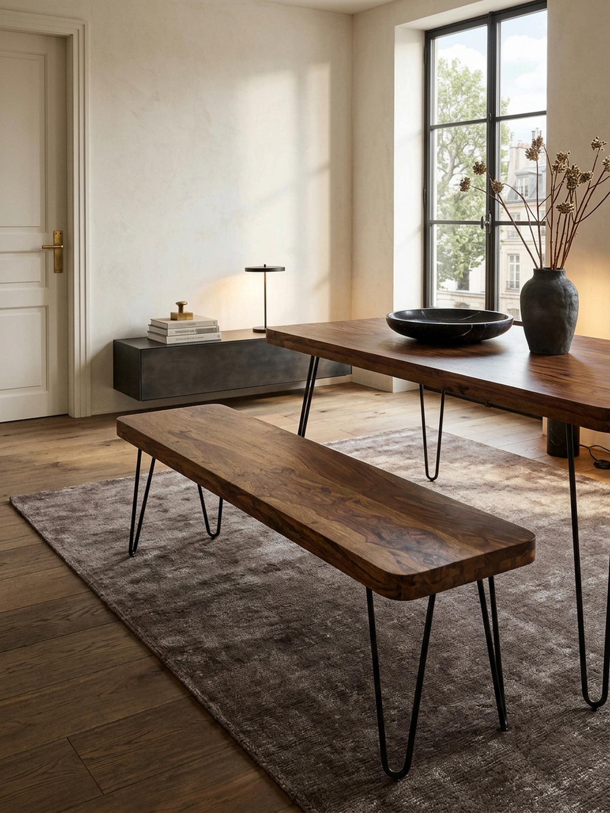 SITZBANK BALU Massivholz Metallbeine Landhausstil, Braun 180x40x45 cm - Schwarz/Braun, Holz/Metall (180/45/40cm) - KADIMA DESIGN