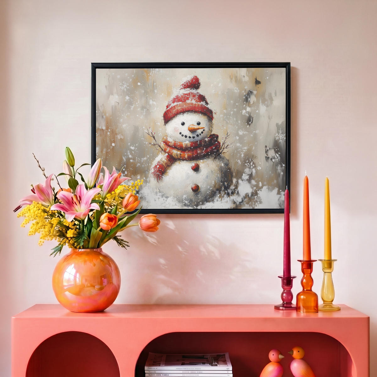 LEINWAND Bilder mit Rahmen - Schneemann - Winter - Schnee - Beige - 40x30 - Weiß, Textil (40/30cm) - MuchoWow