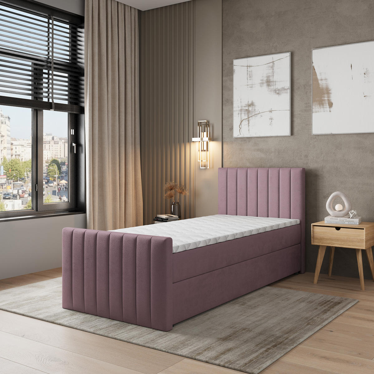 BOXBETT ARION 100 100x200 cm mit Matratze und Topper, H2+H3 - Rosa - Rosa, Holz (100/200cm) - MASSENO