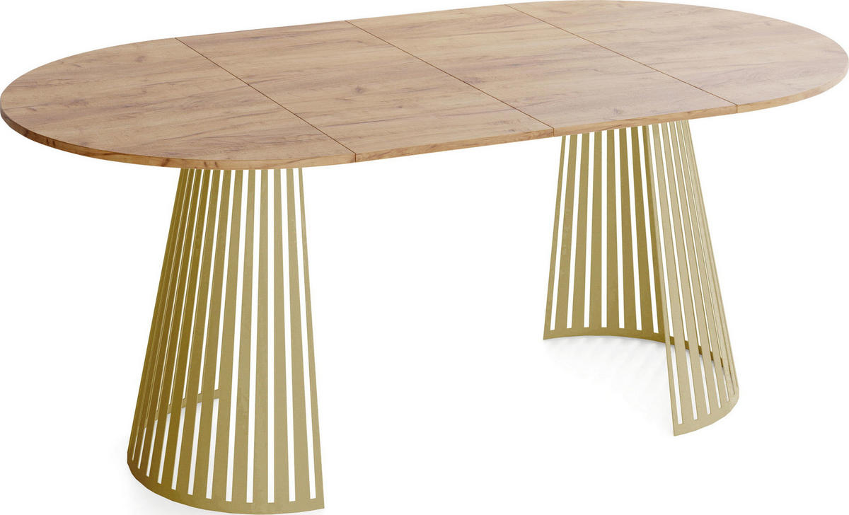 ESSTISCH Naro rund ausziehbar mit Goldenem Lamellen-Metallgestell, Braun 120-200/120/76 cm - Eiche Wotan/Goldfarben, Holzwerkstoff/Metall (120/196/76cm) - WFL GROUP