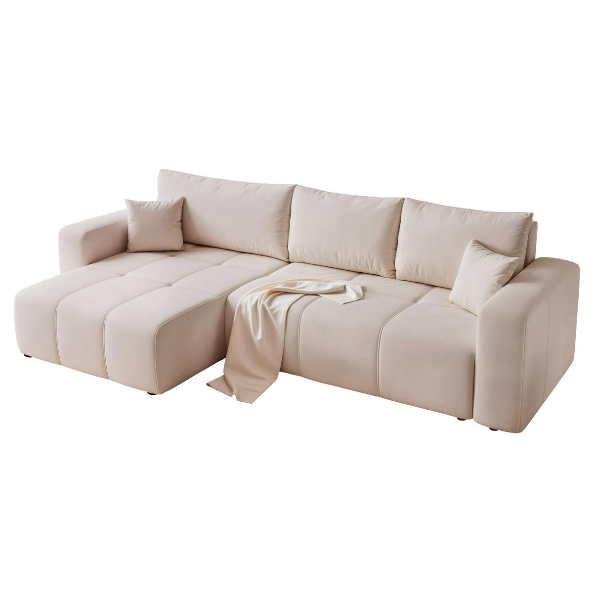 ECKSOFA XL Velours mit Bettkasten und Schlaffunktion - Beige, Holzwerkstoff/Textil (278/145cm) - Idohome