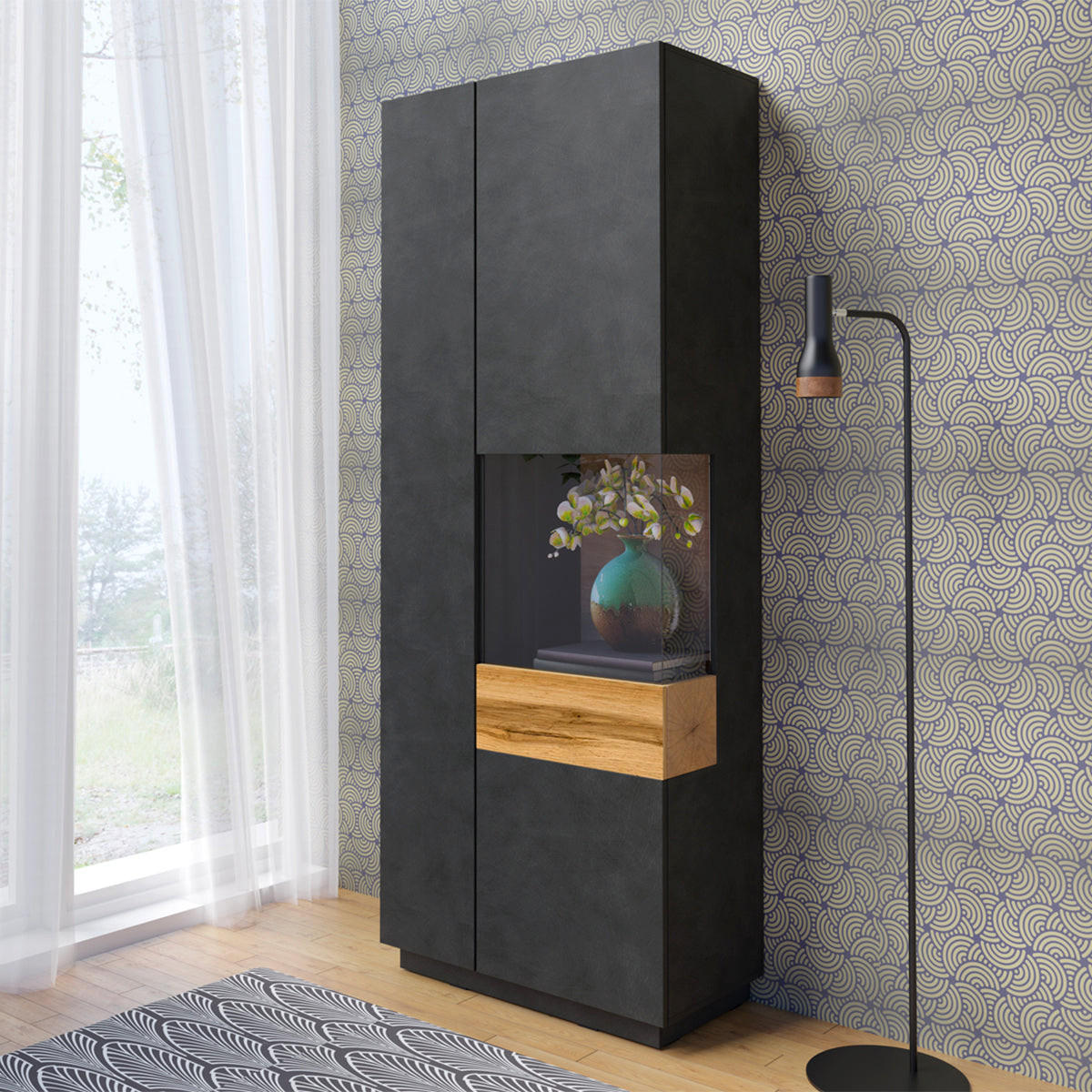 VITRINE Andrea Anthrazitgrau und Holz - Grau, Holzwerkstoff (80/207/40cm) - Petits-meubles