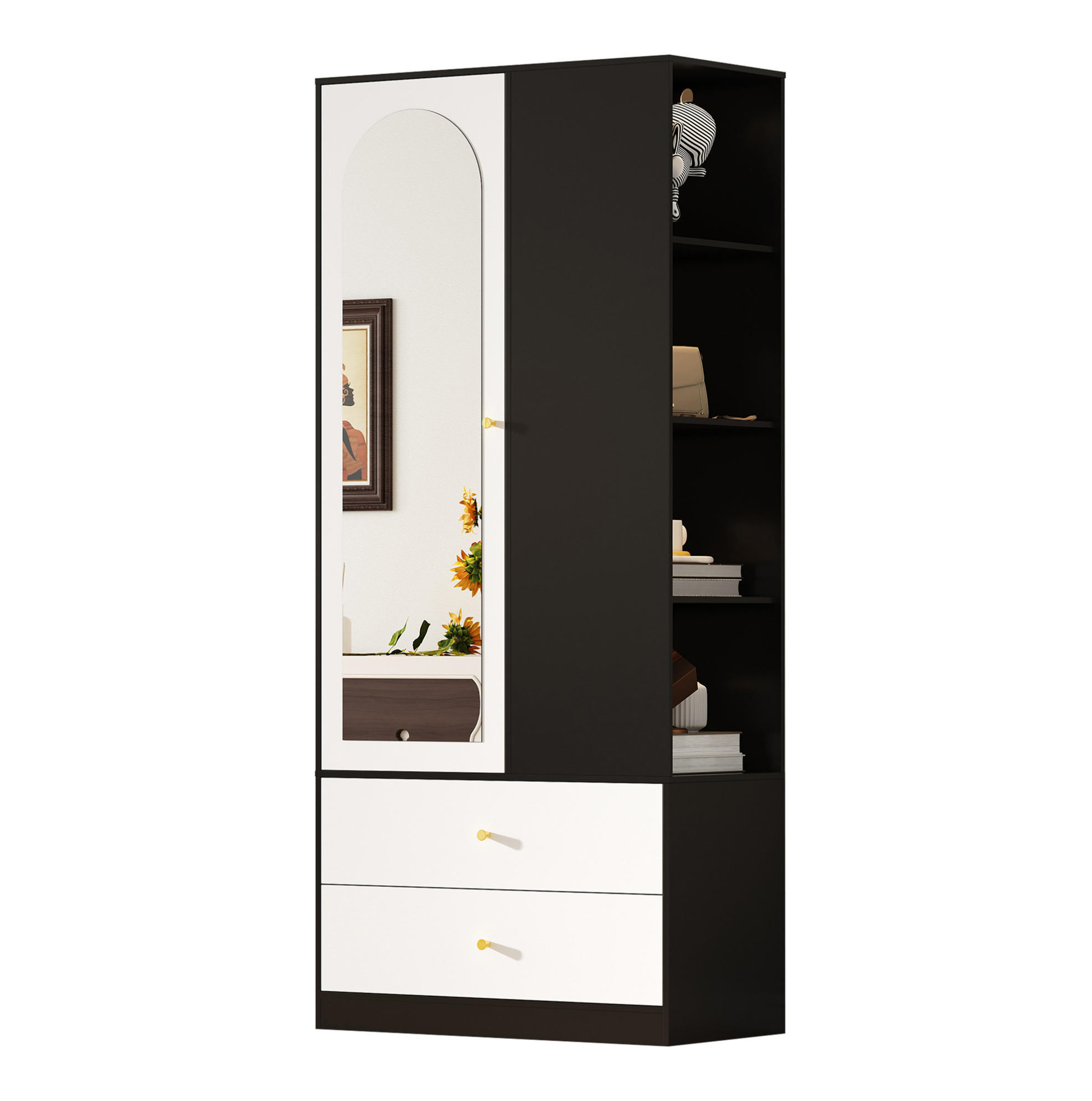 ŠATNÍK 40/80/180 cm biely a čierny z drevotriesky so zrkadlom, 2 zásuvkami a 4 policami - biela, kompozitné drevo (40/180/80cm) - OKWISH