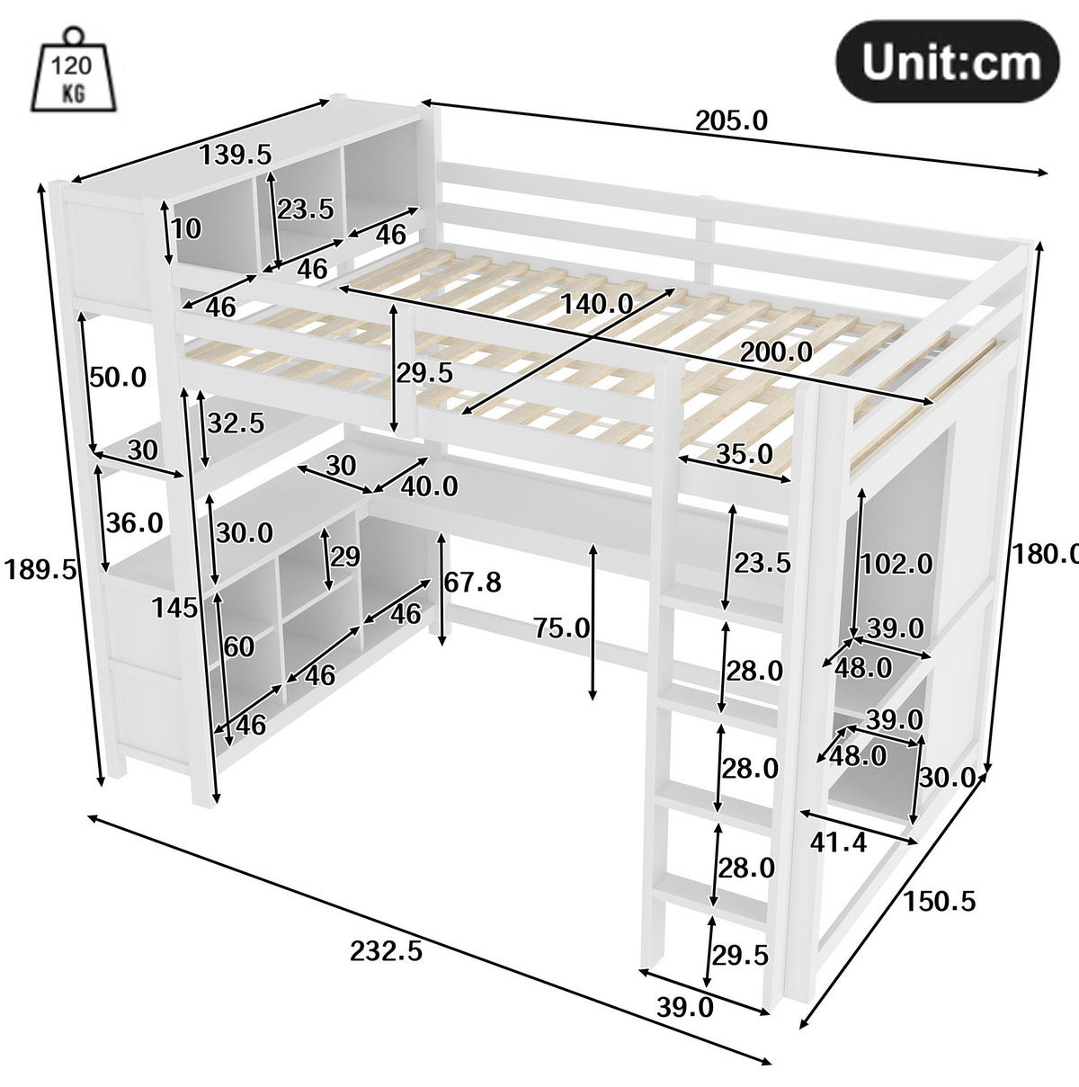 HOCHBETT 140/200 cm aus Kiefernholz und MDF mit Schreibtisch, Regalen und Kleiderschrank Weiß - Weiß, Holz (140/200cm) - Modenvie