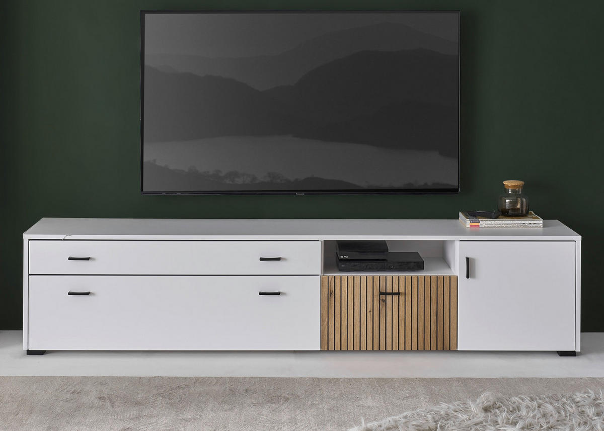 TV-LOWBOARD weiß matt, Eiche 200 cm, Flat-TV Unterschrank mit Soft-Close - Eichefarben/Schwarz, Holzwerkstoff/Kunststoff (200/44/42cm) - Furn.Design