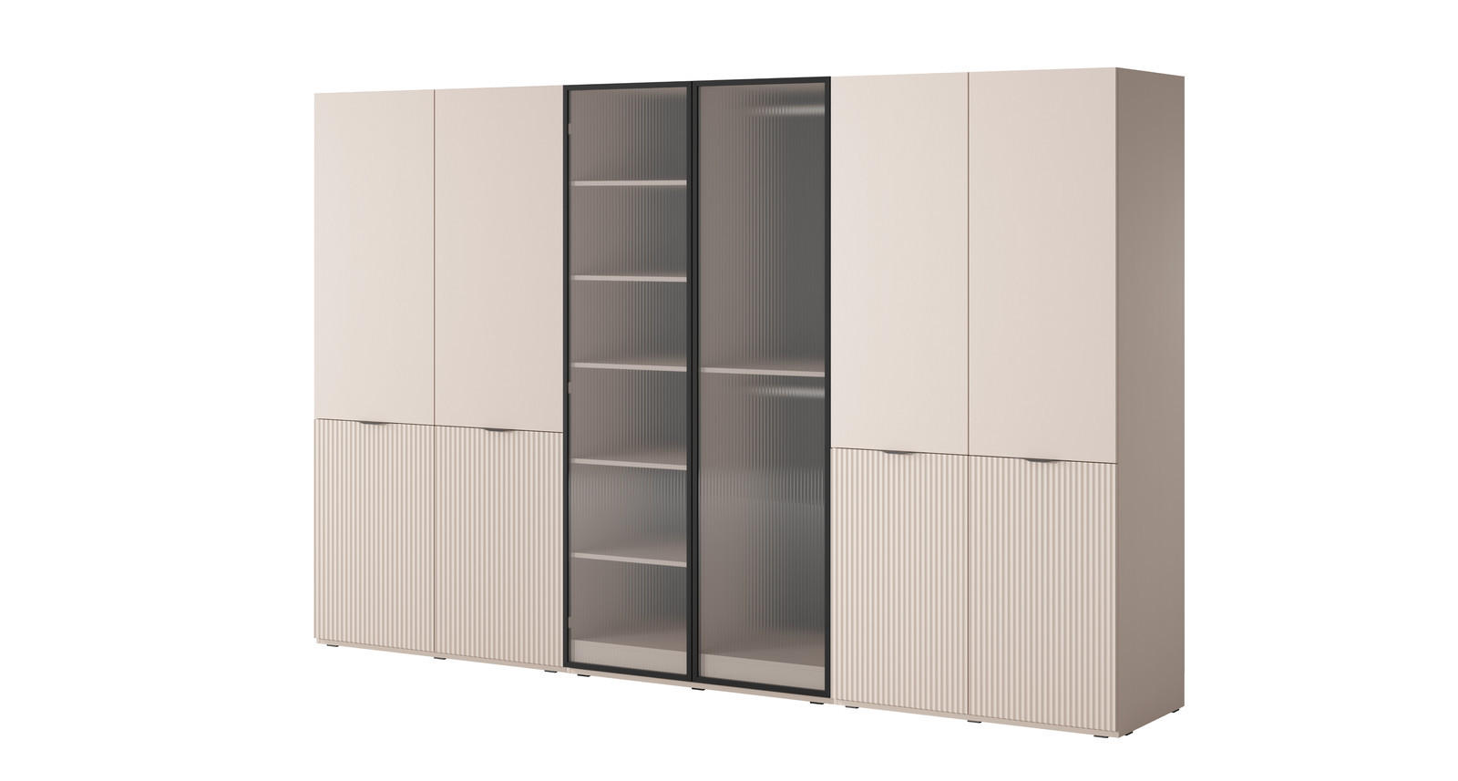 KLEIDERSCHRANK ZEN (Modular, Beige Matt, Beige & Geriffeltes Glas Flutes, 6-türig) - Beige/Schwarz, Holz/Holzwerkstoff (303/200/51cm) - Ravio