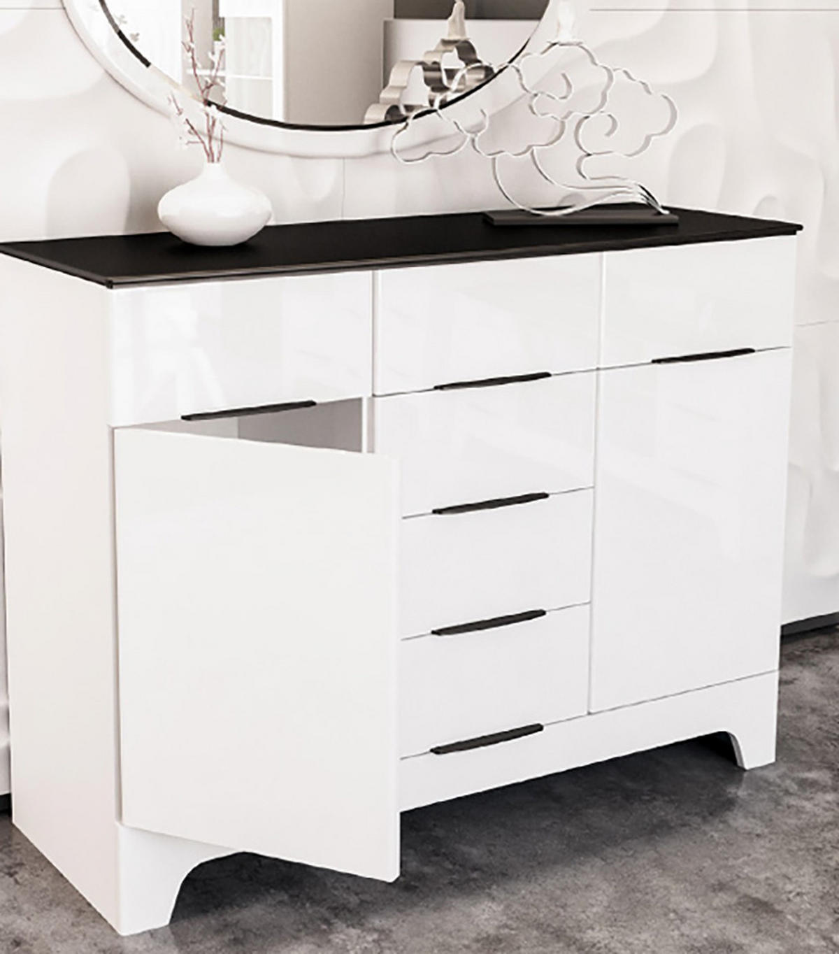 SIDEBOARD Verona weiß / weiß Hochglanz 121 / 45 / 91cm - Schwarz/Weiß, Holz/Holzwerkstoff (121/91/45cm) - Feldmann-Wohnen
