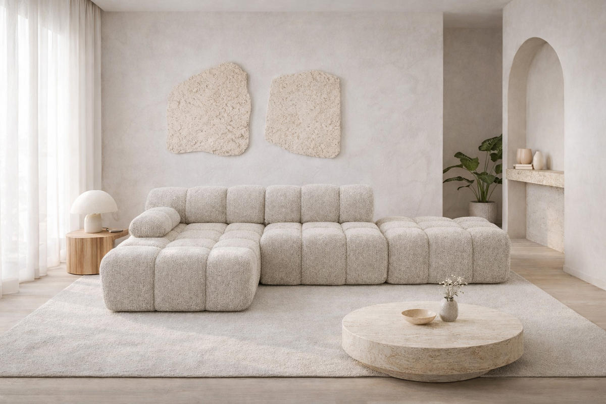 ECKSOFA L-Form Modular Mit Hocker, Bouclé-Stoff Abriamo, Beige, Links, Selia - Beige, Holz (285/160cm) - Kaiser Möbel