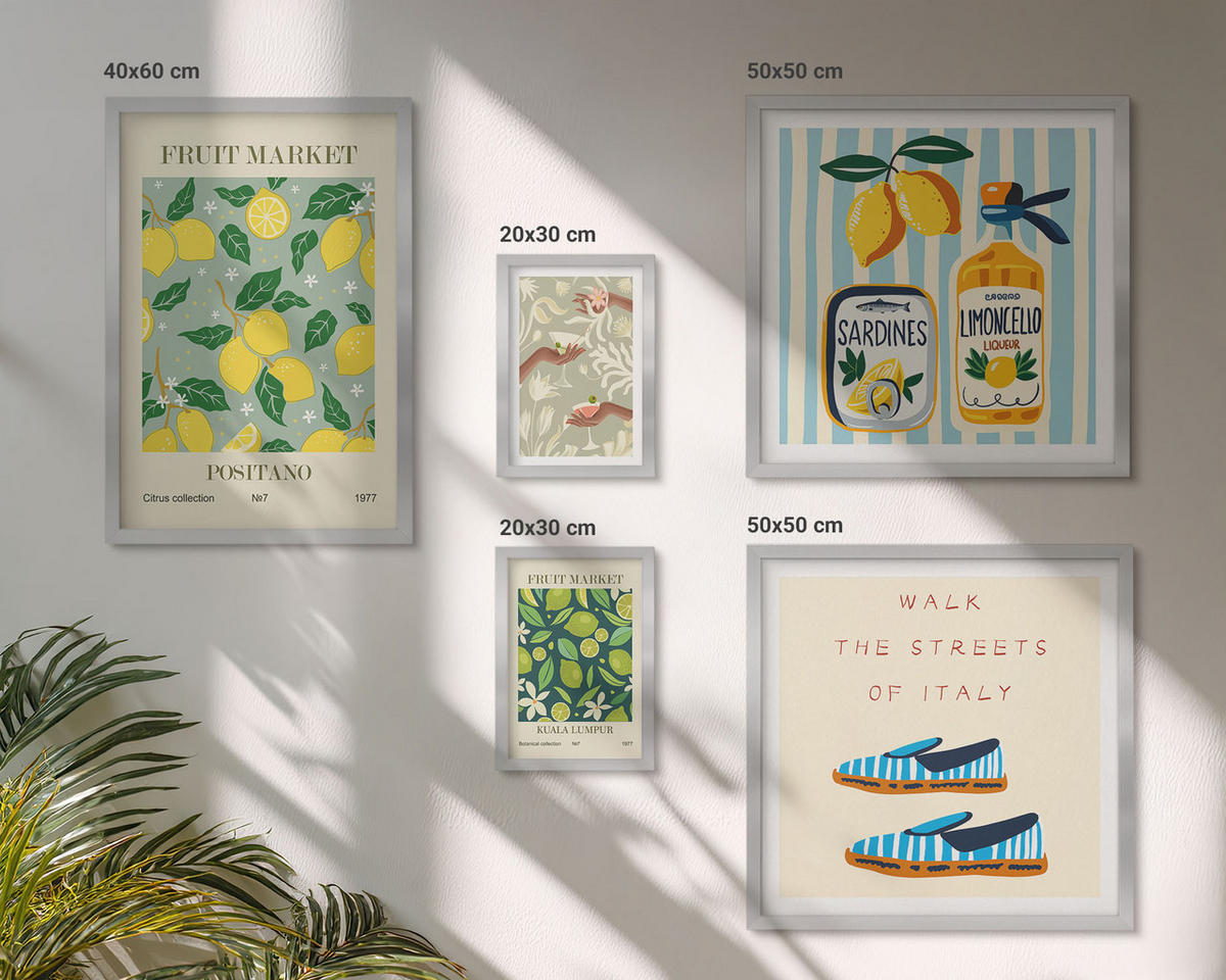 WANDBILDER 5er Set - 50x50 cm & 20x30 cm & 40x60 cm Silberner Rahmen - Zitrusfrüchte der italienischen Tropen - Silberfarben, Kunststoff (40/60cm) - ArtPrintCave