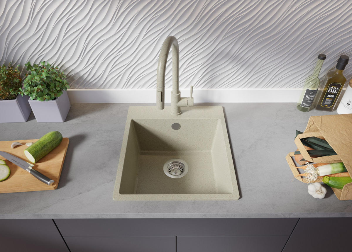 SPÜLBECKEN Riga, 2-er set Beige 43/50 cm 1 Becken + Ablauf-Set ab 45er Unterschrank - Chromfarben/Beige, Kunststoff (43/20/50cm) - Primagran