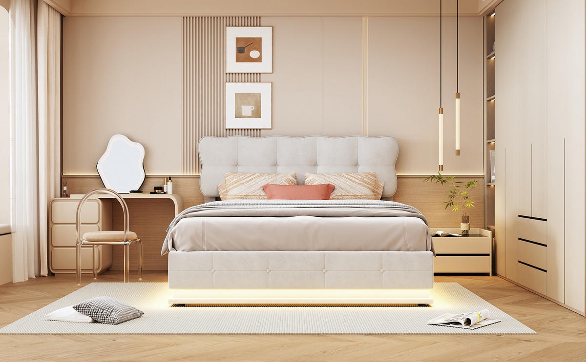 POLSTERBETT 140x200 cm Beige Samt LED Bettkasten - Beige, Holz (140/200cm) - SHOPENTRA