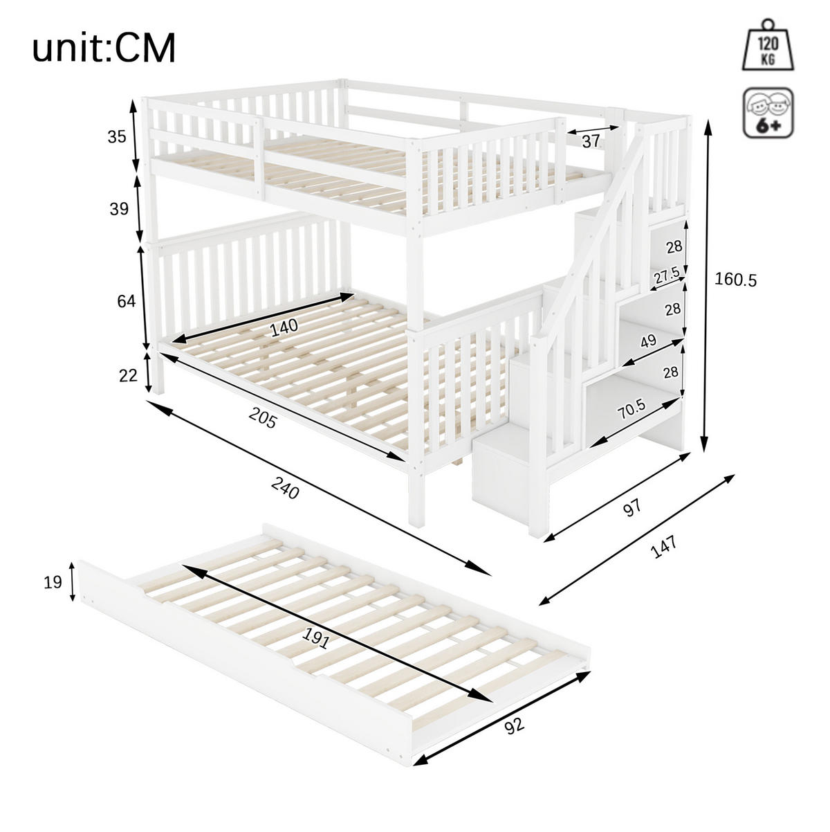 ETAGENBETT 140/200 cm in Weiß mit Treppenregal und Rollbett - Weiß, Holz (140/200cm) - OKMYHOME