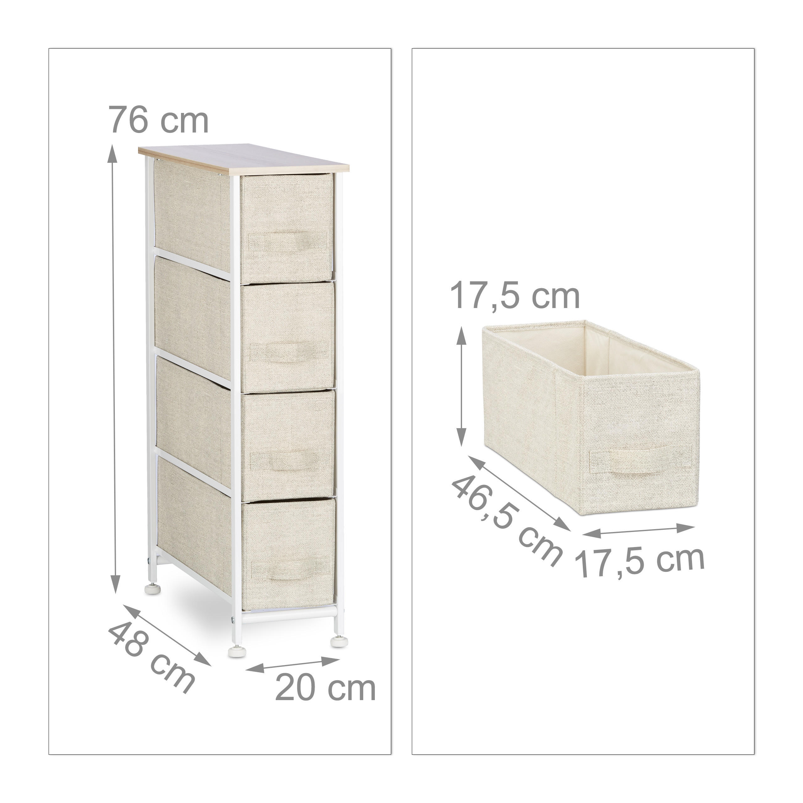 Thumbnail - Relaxdays Schubladenbox, Creme, Textil, Metall, Holzwerkstoff, 20x76x48 cm, Wohnzimmer, Kommoden & Sideboards, Kommoden