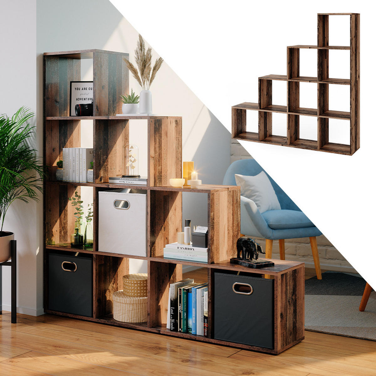 TREPPENREGAL Antikholz 142.5 x 140 cm - Alteiche, Holzwerkstoff (142.5/140/29cm) - Vicco