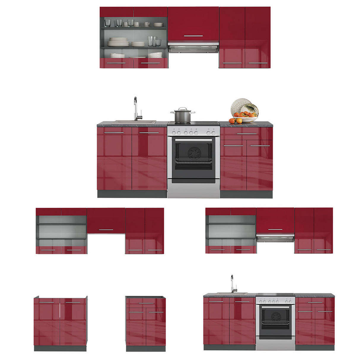 KÜCHENZEILE Fame-Line Bordeaux Hochglanz/Anthrazit 200 cm ohne AP - Bordeaux/Anthrazit, Holzwerkstoff (200/81.6/46cm) - Vicco
