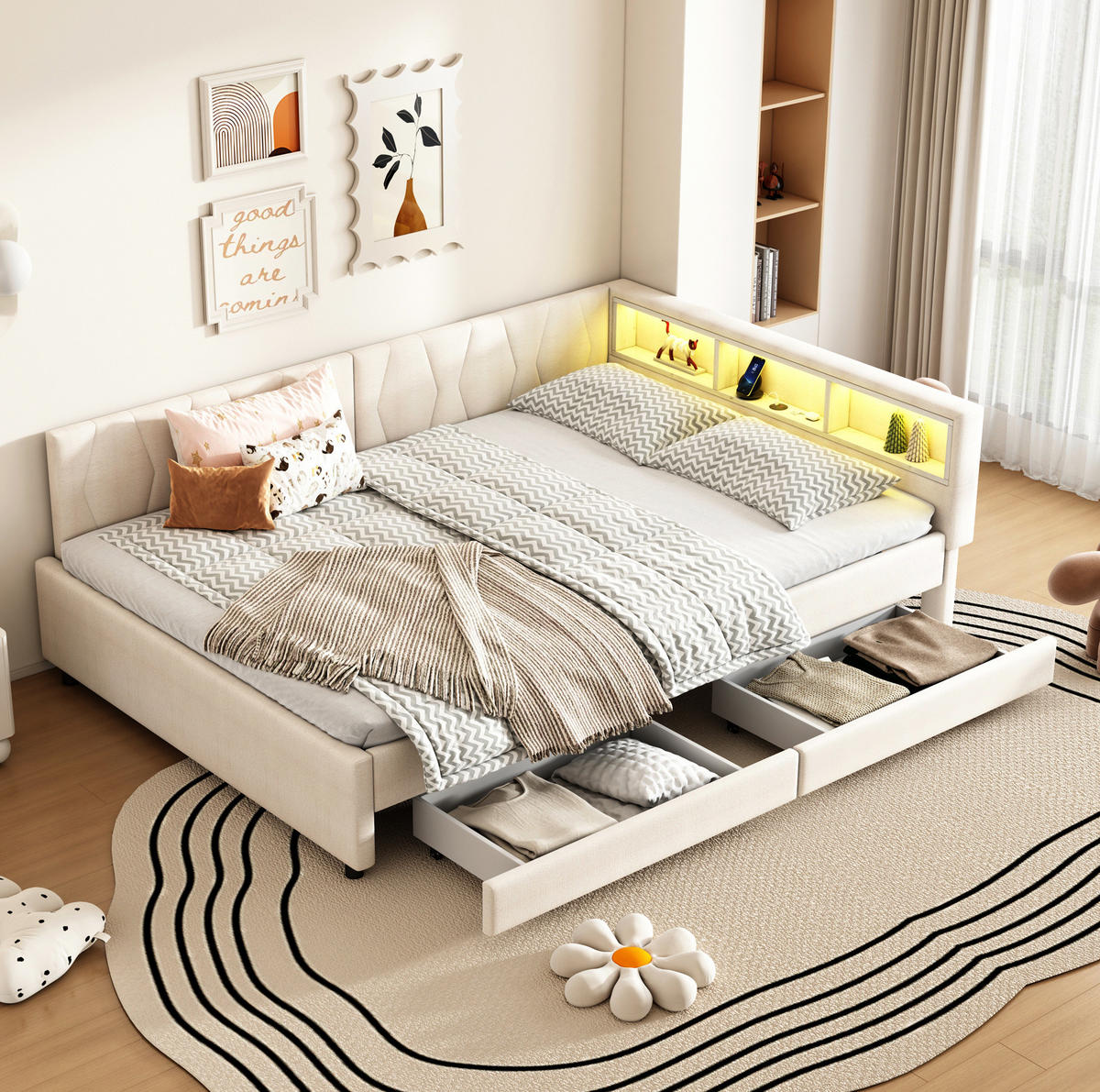 POLSTERBETT 140/200 cm Beige aus Leinen und MDF mit LED-Beleuchtung und Stauraum - Beige, Textil (140/200cm) - OKMYHOME