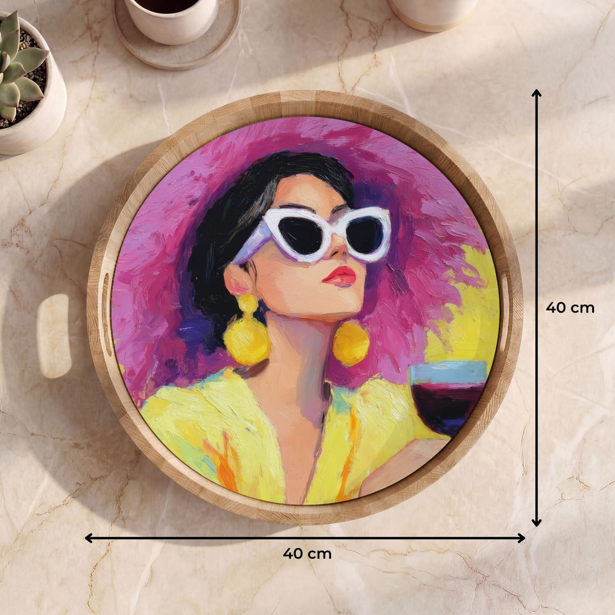 SERVÍROVACÍ PODNOS Žena - Klobouk - Fialová - Víno 40x40 cm - žlutá, dřevo (40/5/5cm) - OnlyWow