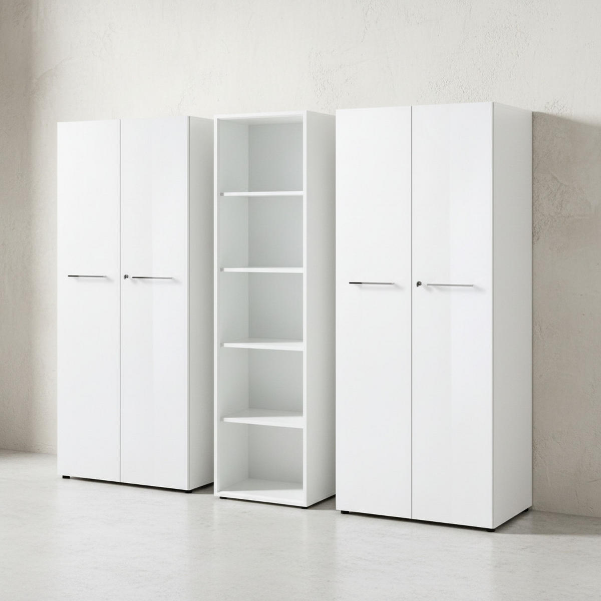 BÜRO-SET MUENCHEN 3-teilig weiß | 240cm breit Glasfront | 2 Schrank Abschließbar & Regal - Weiß, Holzwerkstoff/Metall (240/196/37cm) - KADIMA DESIGN