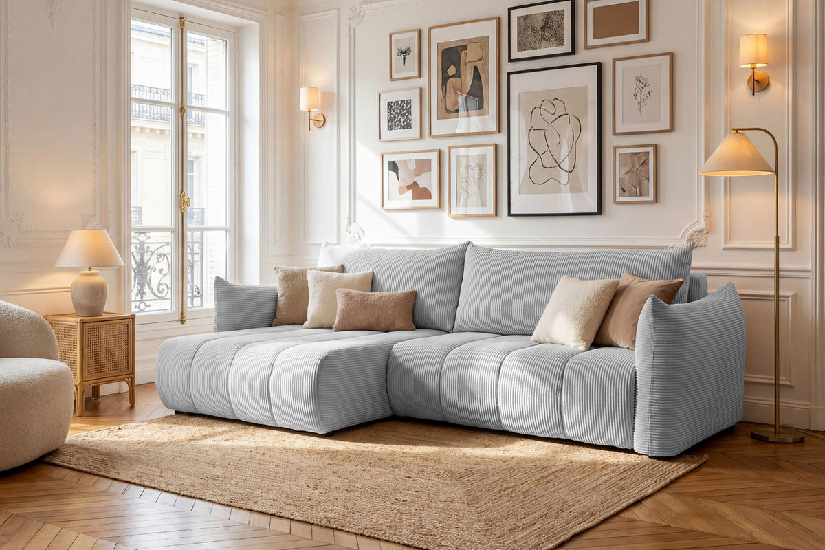 ECKSOFA Liv mit Schlaffunktion & Bettkasten in Cordstoff Hellgrau, Universell 260/154/86 cm - Hellgrau/Schwarz, Kunststoff/Textil (260/154cm) - WFL GROUP