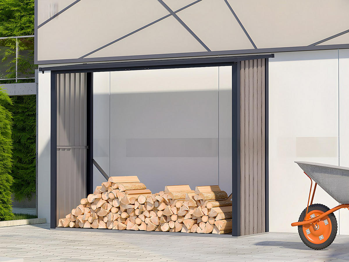 KAMINHOLZREGAL - 230 cm x 75 cm - metall - anthrazitgrau, naturfarben dunkel Winwood - Anthrazit, Metall (230/190/75cm) - Vente-Unique