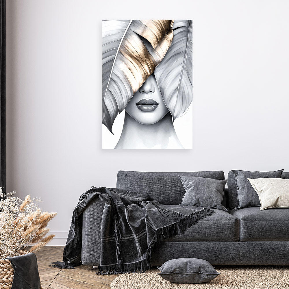 LEINWANDBILD Frau und silberne und goldene Bananenblätter 60x90cm - Grau, Textil (60/90cm) - Feeby