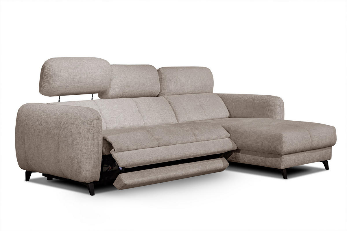 ECKSOFA SVEN 3-Sitzer, 1 Relax XL, verstellbare Kopfstützen, beige - Beige/Schwarz, Holzwerkstoff/Textil (256/163cm) - Courtois Laville