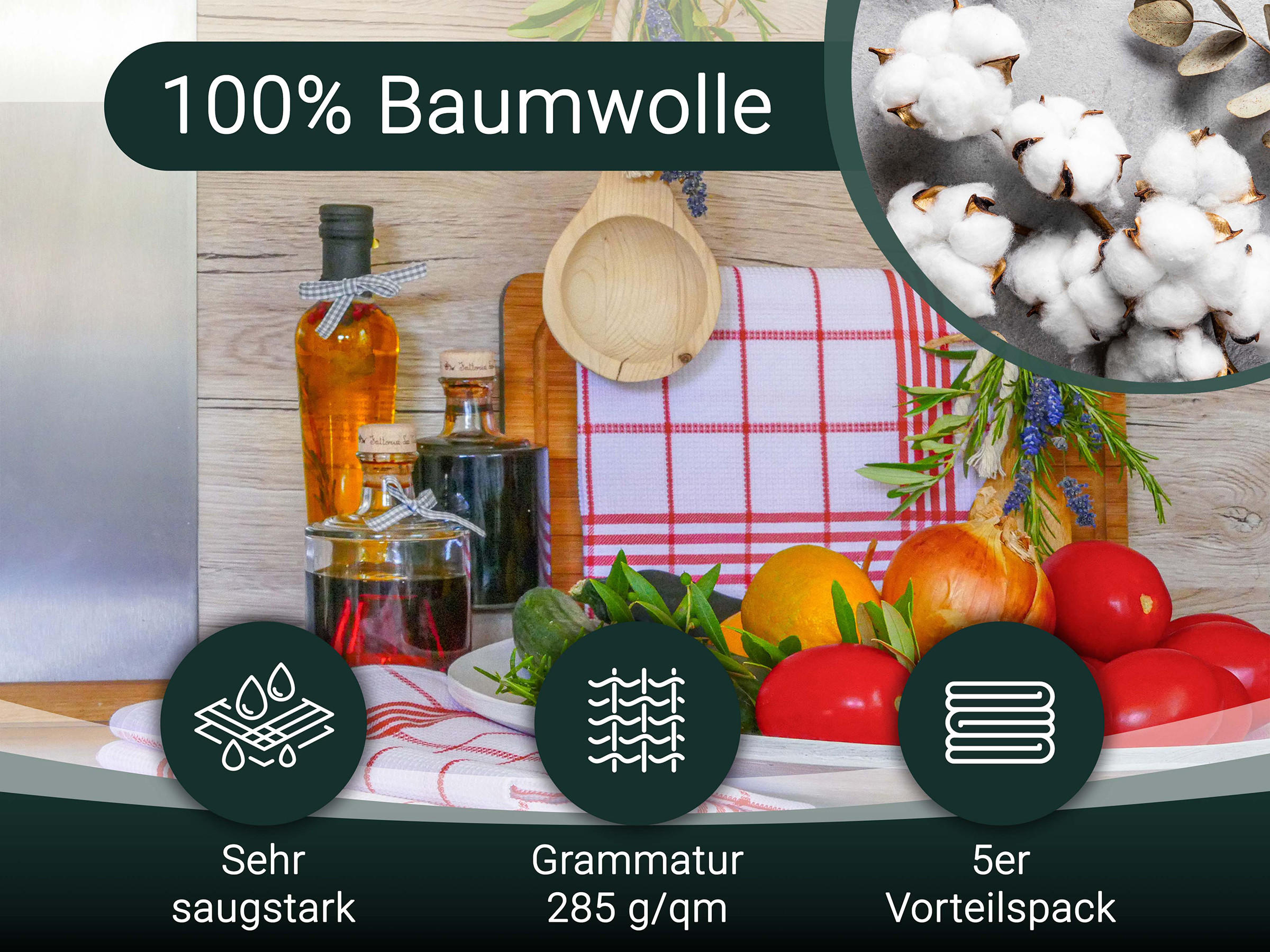 GESCHIRRTÜCHER, 5er-Set, 50x70 cm, 100% Baumwolle, Rot - Rot, Textil (50/70cm) - Zollner