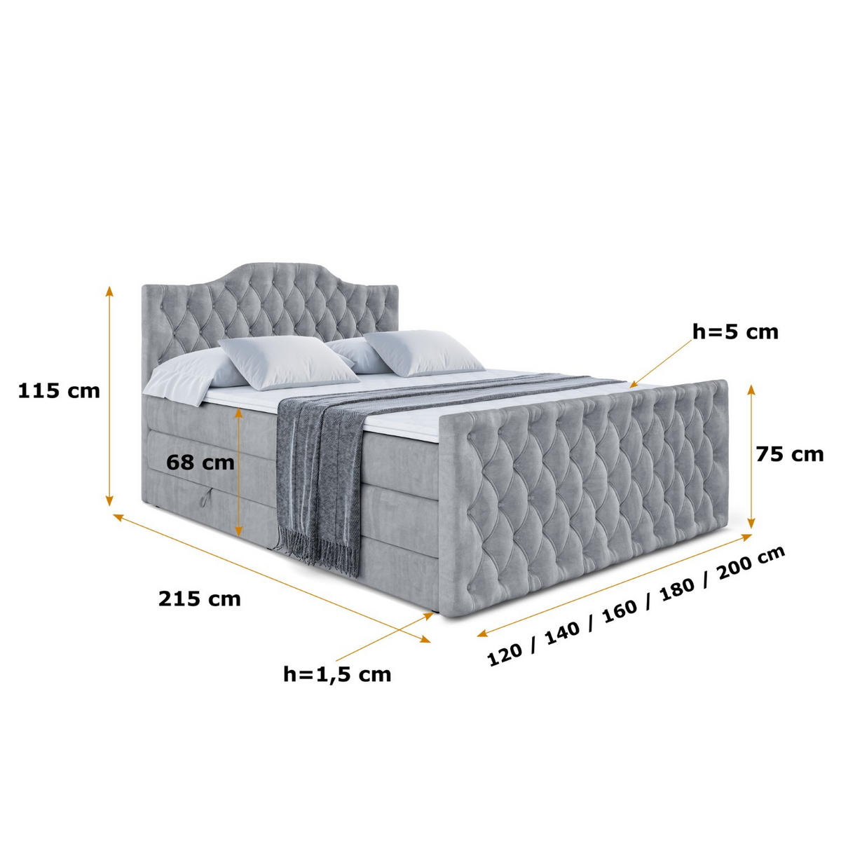 BOXSPRINGBETT VILA-1-Z KING - 160x200 - H3/H4 - Grau - Grau, Holzwerkstoff (160/200cm) - ALTDECOR