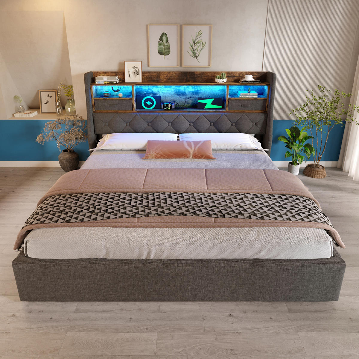 BETT mit Stauraum und LED 140x190 cm Leinen Grau - Grau, Metall (140/190cm) - Meubliv
