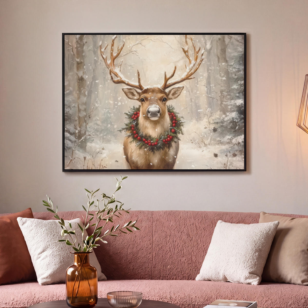 LEINWAND Bilder mit Rahmen - Weihnachten - Rentier - Winter - Kranz - 100x70 - Naturfarben, Textil (100/70cm) - MuchoWow