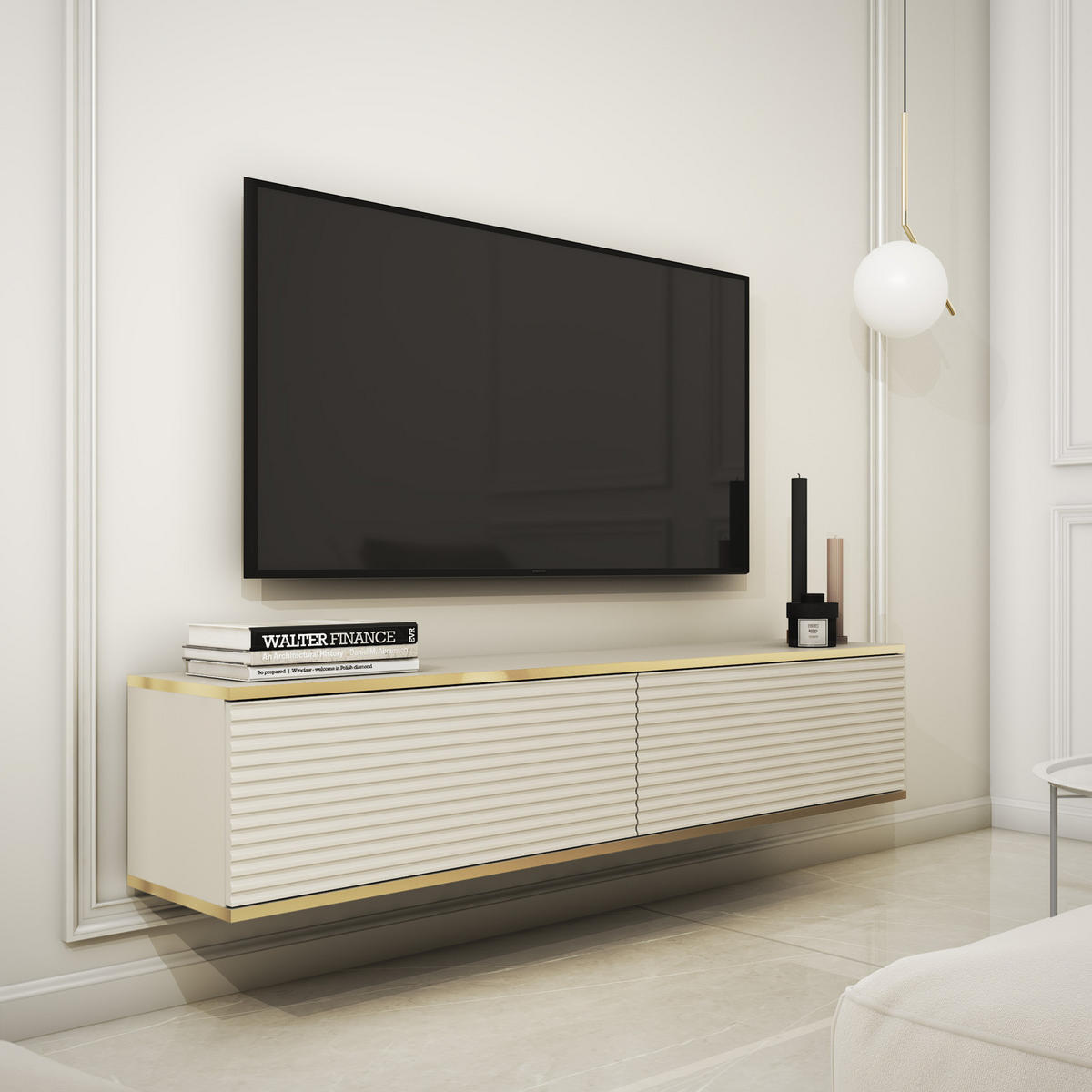 TV-BOARD FORNO (Hängend, Beige, Rillenfront, Goldene Details, 2 Klapptüren, 135 cm) - Beige, Holz/Holzwerkstoff (135/30/32cm) - Ravio
